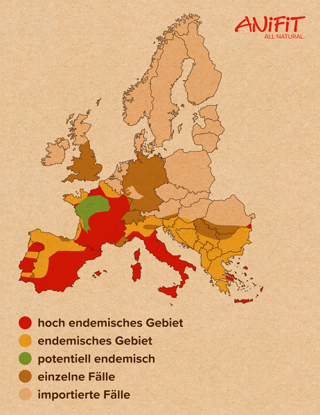 Karte zur Verbreitung der Leishmaniose in Europa